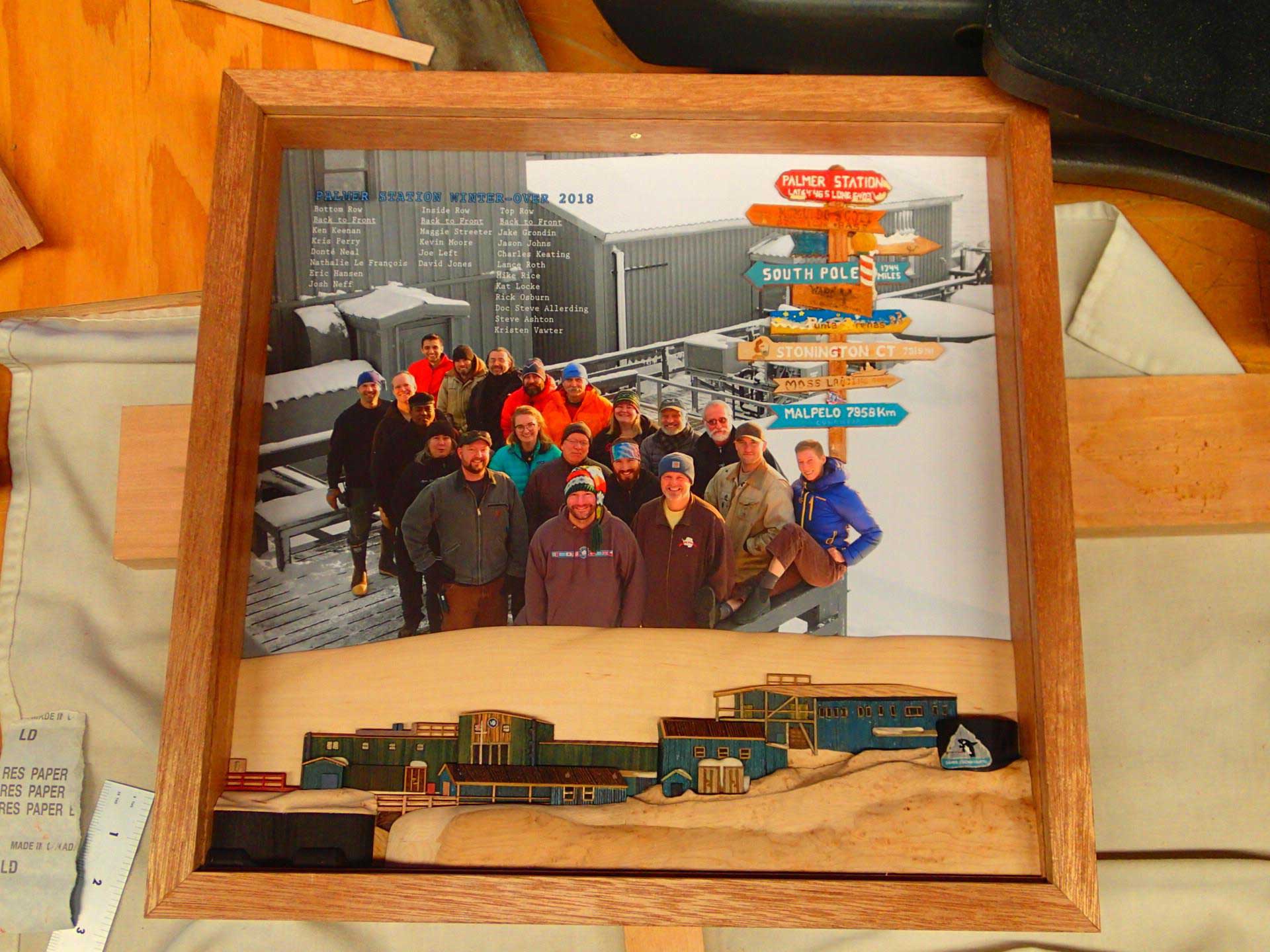 The 2018 winterover photo in its constructed frame